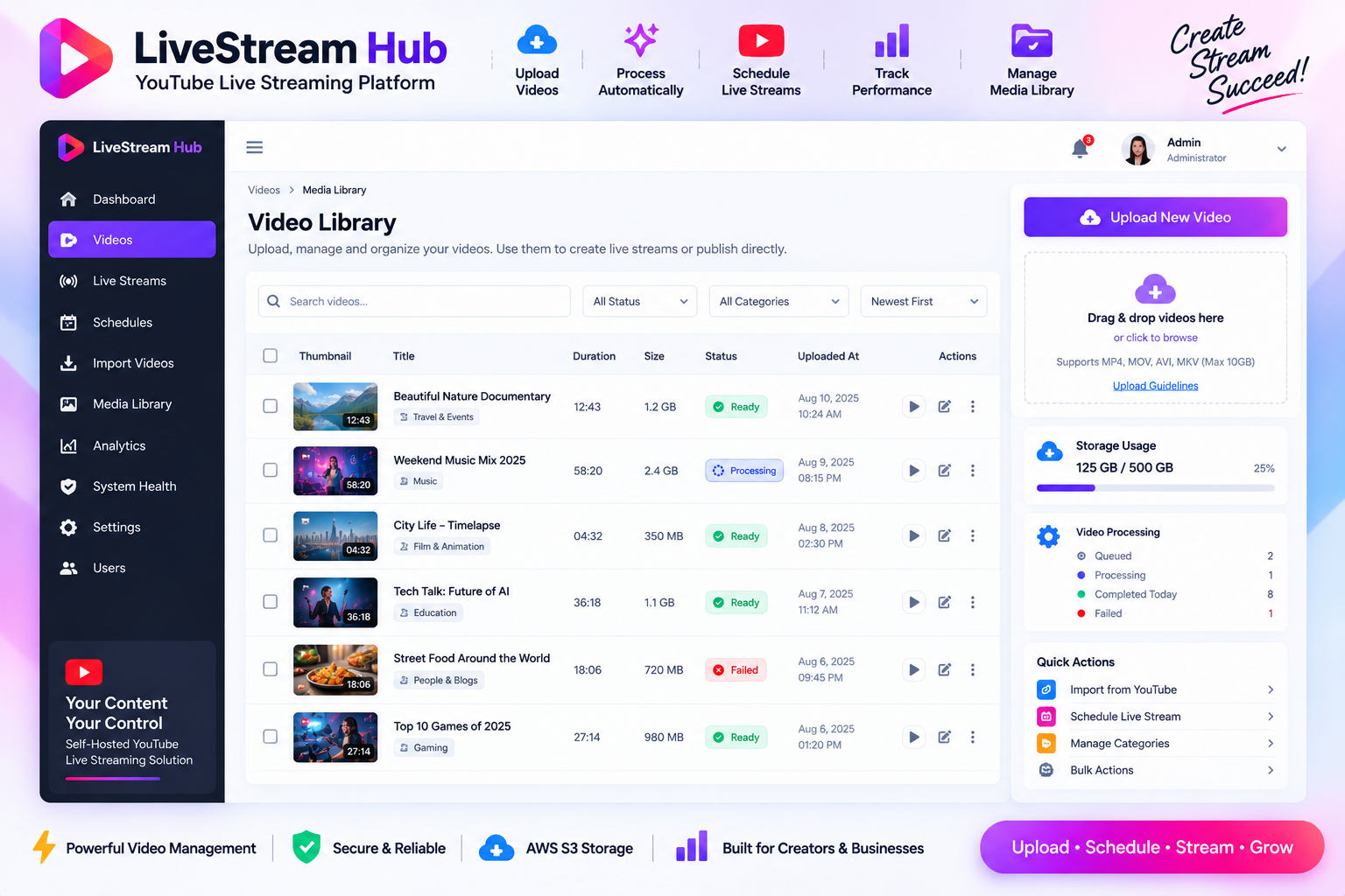 YouTube Live Streaming Software – Self-Hosted Multi-Stream Video Broadcaster screenshot