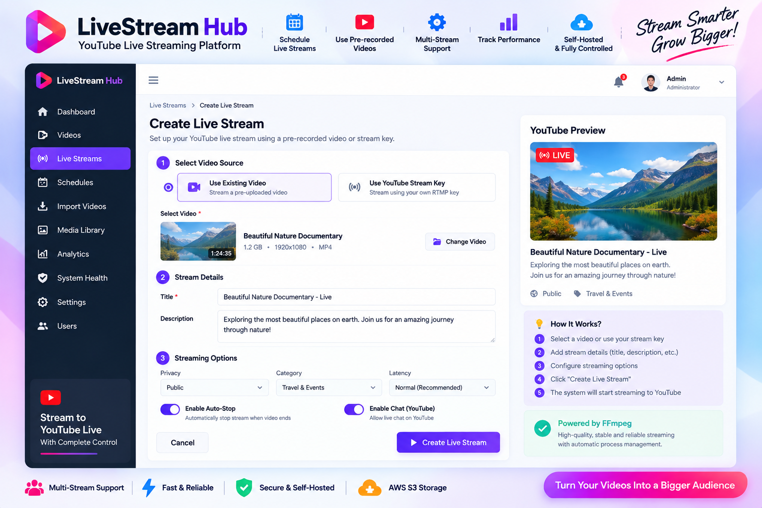 YouTube Live Streaming Software – Self-Hosted Multi-Stream Video Broadcaster screenshot