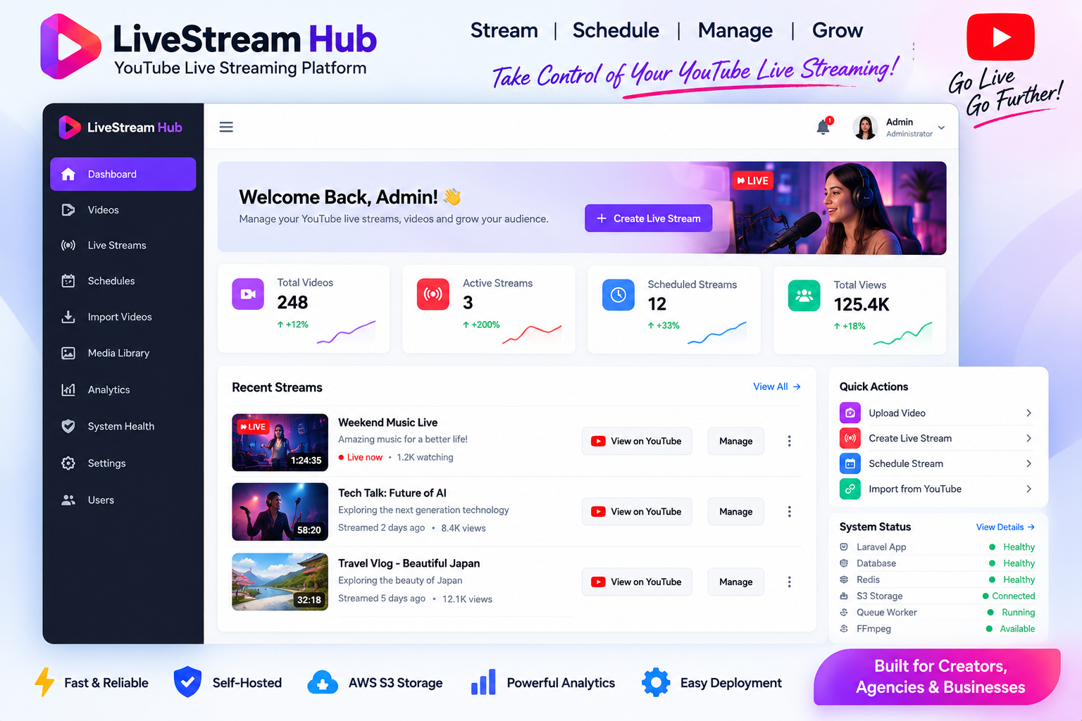 YouTube Live Streaming Software – Self-Hosted Multi-Stream Video Broadcaster screenshot